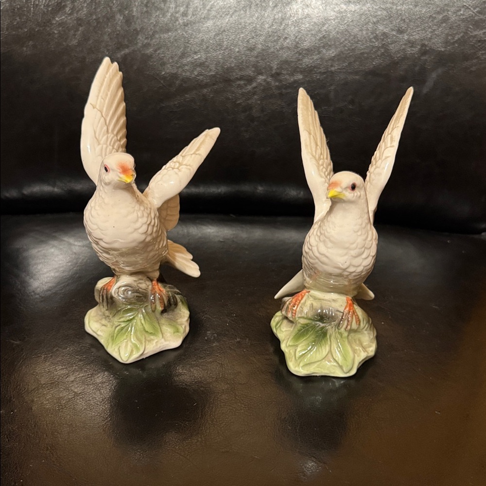 Vintage set Porcelain (Fine China) Doves on Leafy Branch with Clear Glazing
